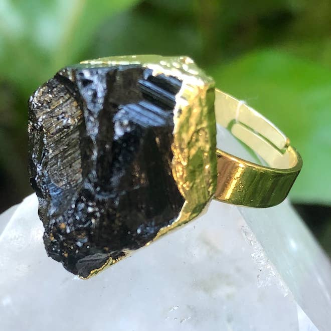 Black Tourmaline Rough Gemstone Ring w/ Gold for wholesale by Moon Child