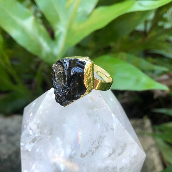 Black Tourmaline Rough Gemstone Ring w/ Gold for wholesale by Moon Child