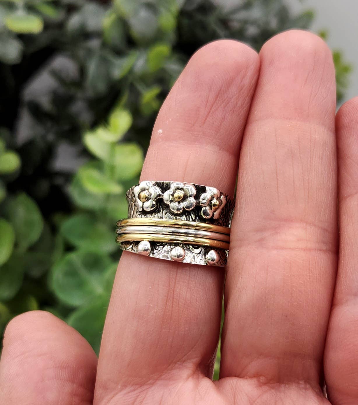 Meraki Gemstones - Wholesale Band/Stacked Ring - SPINNER RING-Sterling Silver/925 and Brass w/Tiny Flowers3
