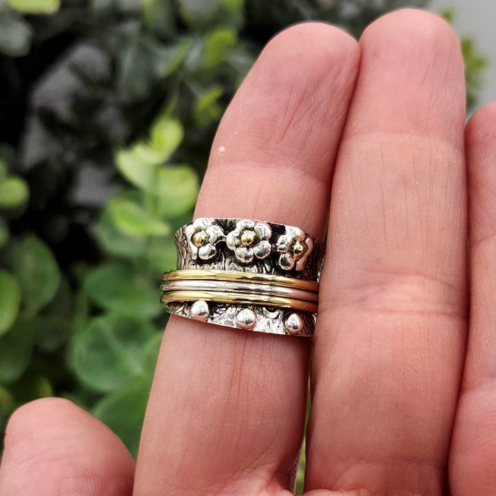 Meraki Gemstones - Wholesale Band/Stacked Ring - SPINNER RING-Sterling Silver/925 and Brass w/Tiny Flowers3