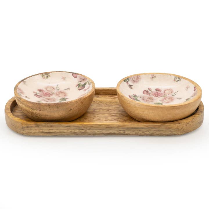 Candlelight Products Ltd - Wholesale Condiment/Dip Bowl - Set of 2 Small Mango Wood Dipping Bowls - Provence Blossom 4PK
