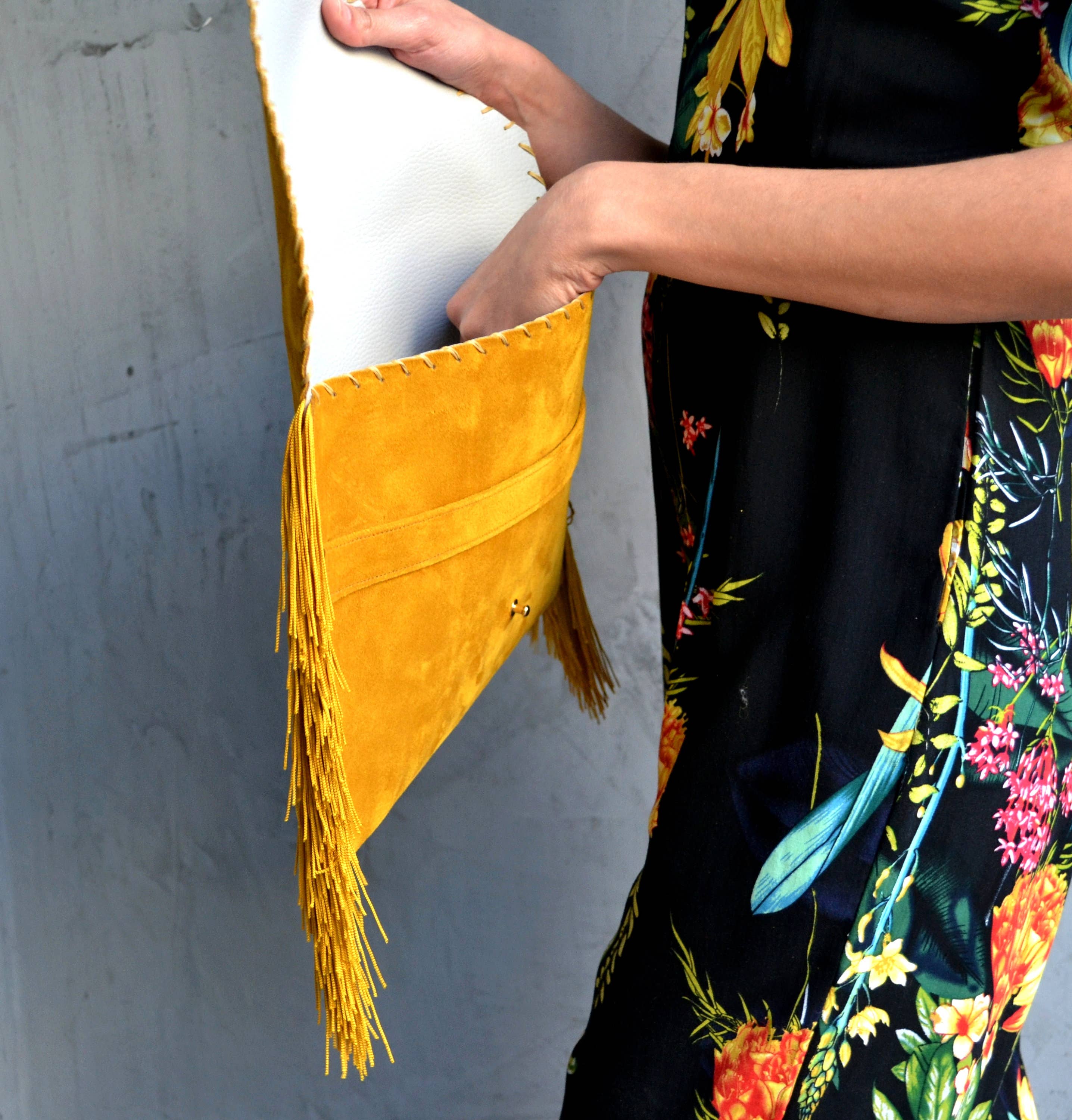 ANA KOUTSI - Wholesale Clutch Bag - Women's - Medusa Clutch in mustard with silk fringes4