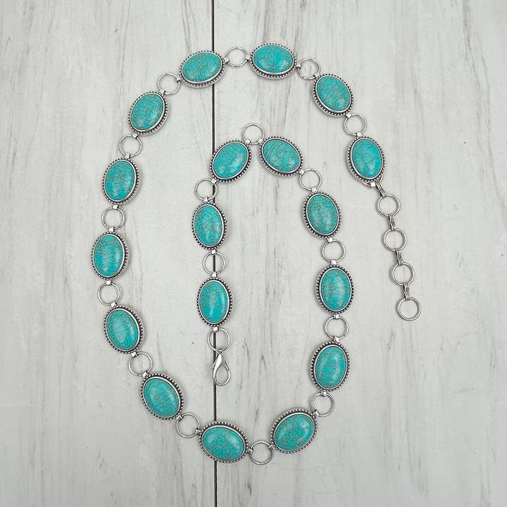 BLT241130-01-BLUE 42 Inches silver metal with blue turquoise oval stone chain belts for wholesale by Western Elite Jewelry