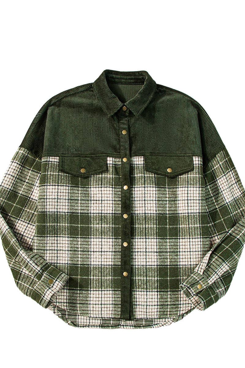 GREEN Plaid Corduroy Button-Up Shirt for wholesale on Faire8