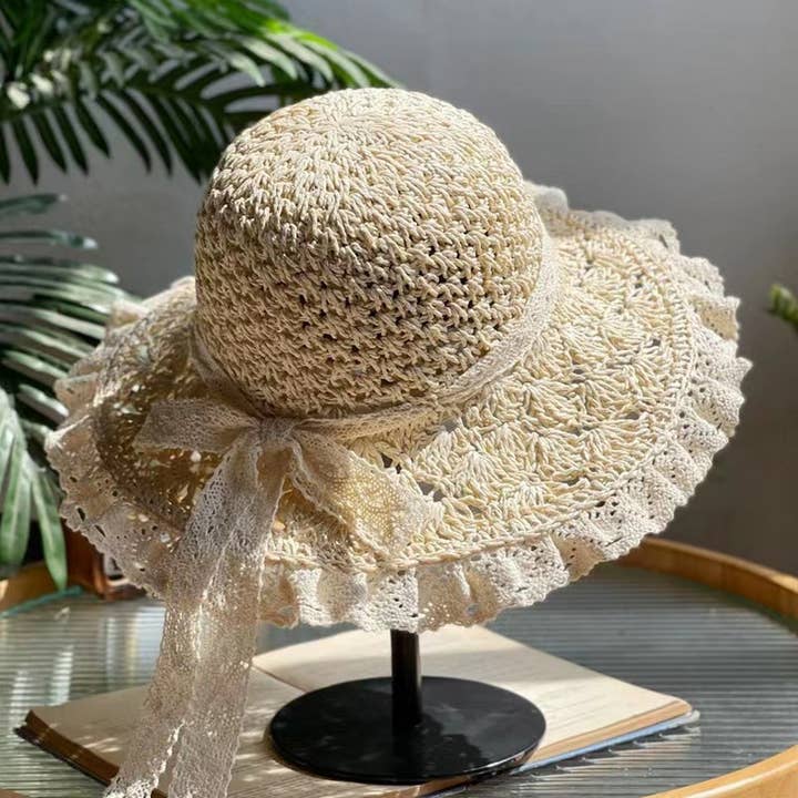 ACCITY - Wholesale Straw Hat - Women's - HAND-WOVEN BOW FOLDABLE LACE STRAW HAT_CWAH1174