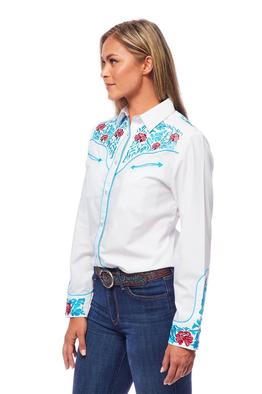 Rodeo Clothing - Vente Chemise à col boutonné – femme - Robe brodée à manches longues d'inspiration western pour femmes46