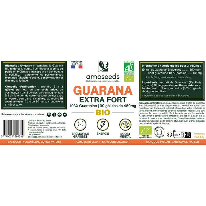 Amoseeds – Suplemento/vitamina oral por atacado – Guaraná Orgânico Nativo, 10% Guaranina | 90 cápsulas4
