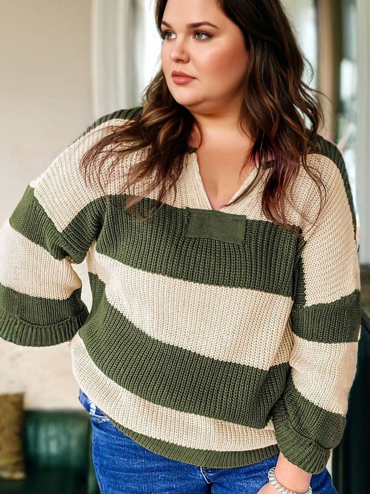 FB Plus Size Stripe Colorblock Notched Neck Sweater for wholesale by FASHION BLVD