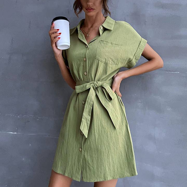 Lace-up short sleeve shirt cotton linen dress for wholesale by Lily Clothing