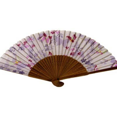 Silk Fan, Light Purples With Golden Butterflies. Brown for wholesale by World Treasure Trading