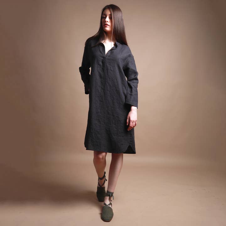 JACKIE Knee Length Linen Shirt Dress With Pockets for wholesale by Knotium