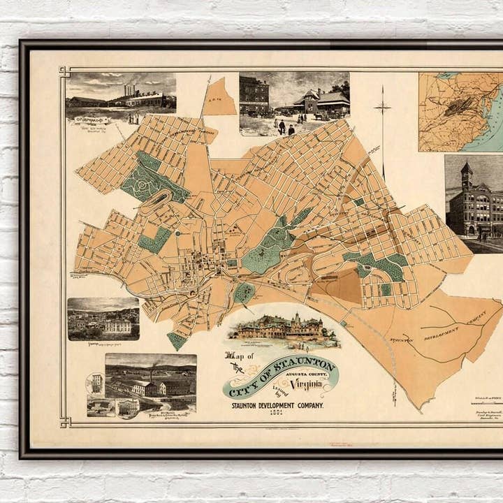Old Map of Staunton Augusta County Virginia 1891 Vintage Map | Vintage Map Wall Art Print por atacado de OldCityPrints - Old Maps and Posters