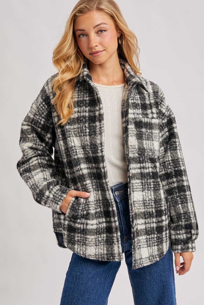 Bluivy - Wholesale Shirt Jacket/Shacket - Women's - BUTTON DOWN BOUCLE PLAID SHACKET WITH POCKETS0