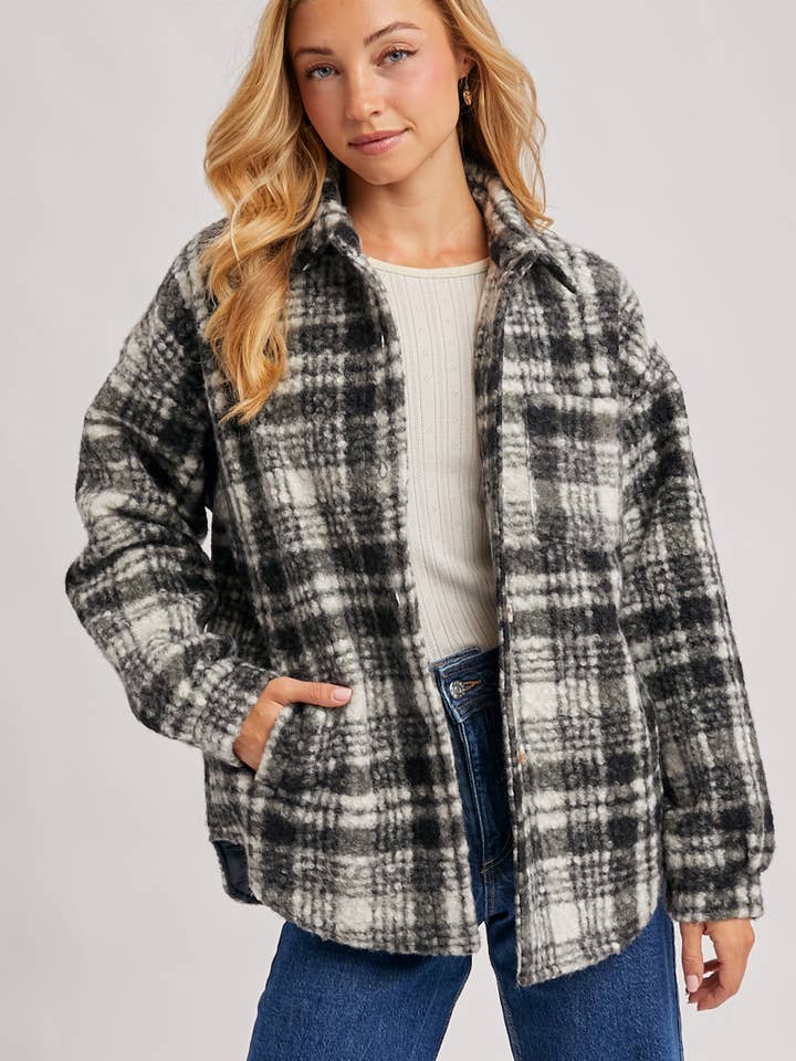 Bluivy - Wholesale Shirt Jacket/Shacket - Women's - BUTTON DOWN BOUCLE PLAID SHACKET WITH POCKETS