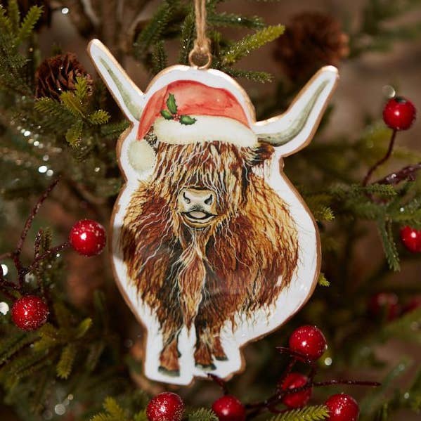 Xmas Metal Shaped Highland Cow Hanger With Santa Hat for wholesale by Langs