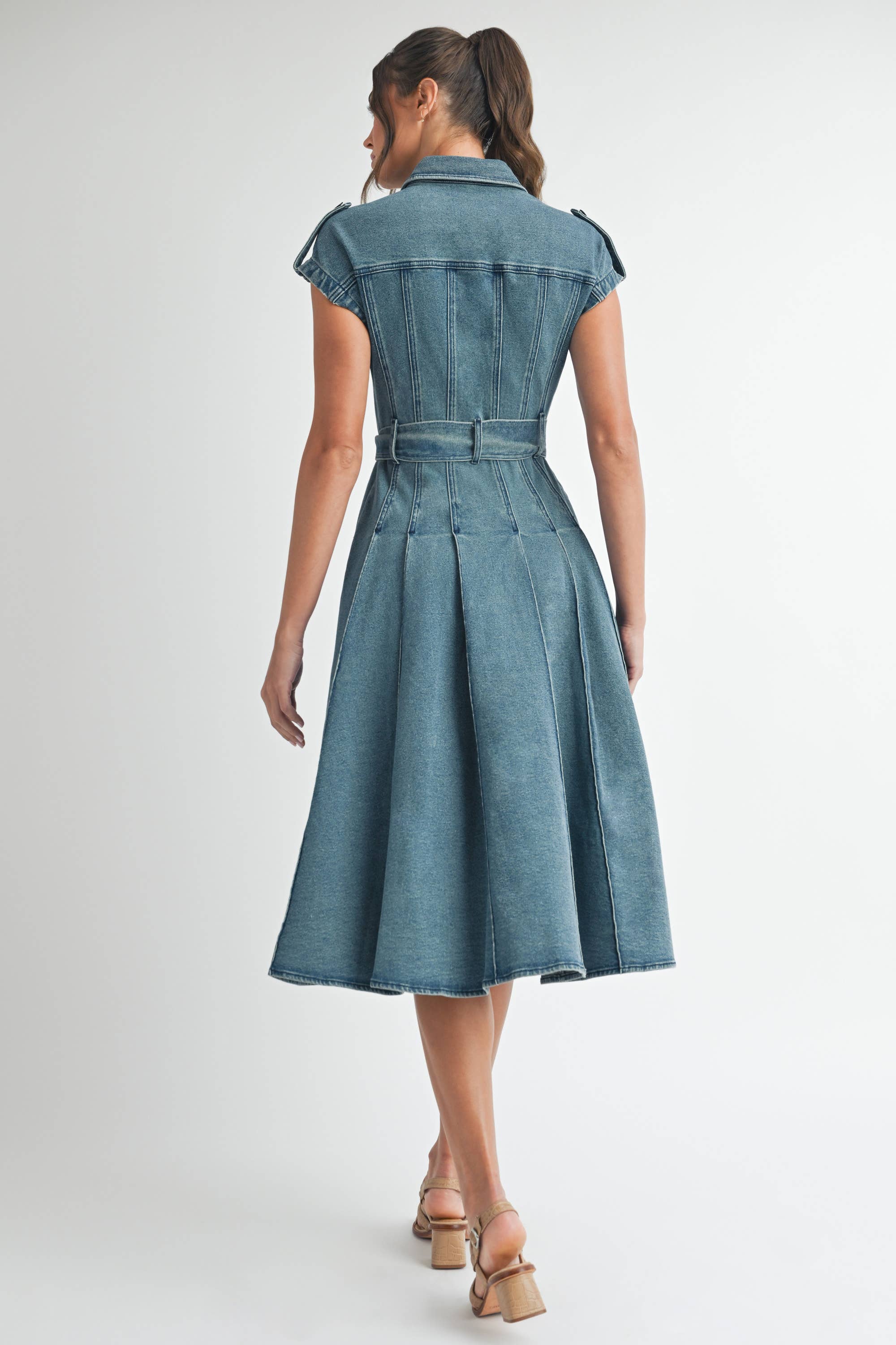 MIDIUM WASH Denim Belted Midi Dress  for wholesale on Faire5