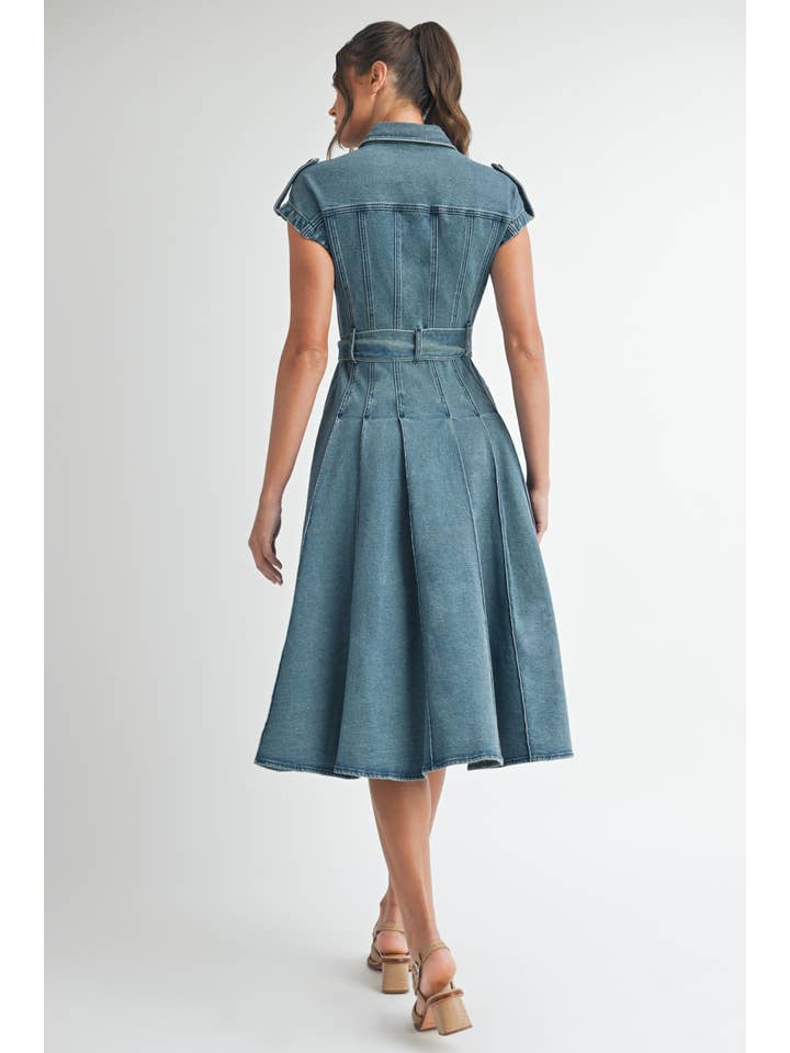 MIDIUM WASH Denim Belted Midi Dress for wholesale on Faire5