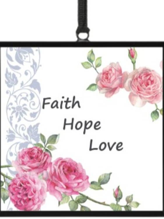 Faith Hope Love - 4" x 4" glass Suncatcher w/ sash for wholesale by Bridgeton Hall