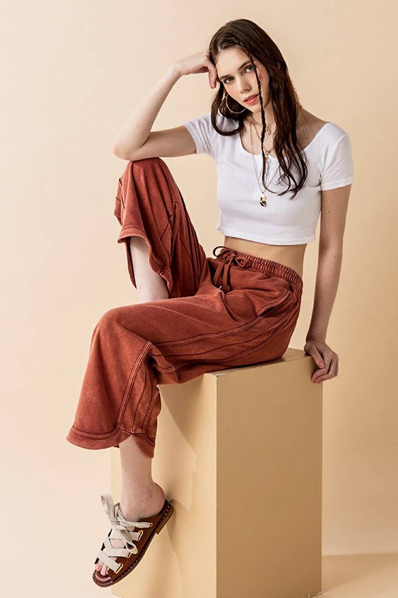 noflik - Wholesale Pants - Women's - Dolphin Tail Wide Leg Mineral Washed Pants - INP1023_1