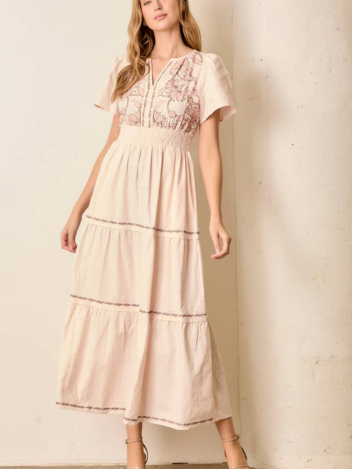 EMBROIDED FLORAL PRINT MAXI TIERED DRESS for wholesale by Polagram by Wellmade USA