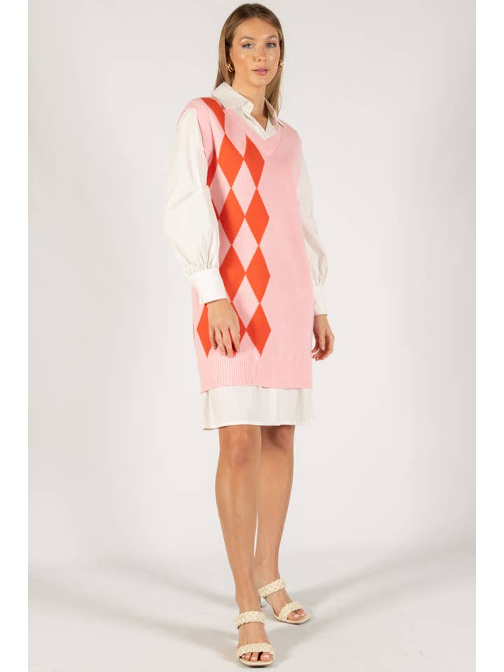 Before You Collection - Wholesale Dress - Women's - Argyle Print Sweater Dress with Poplin Contrast14