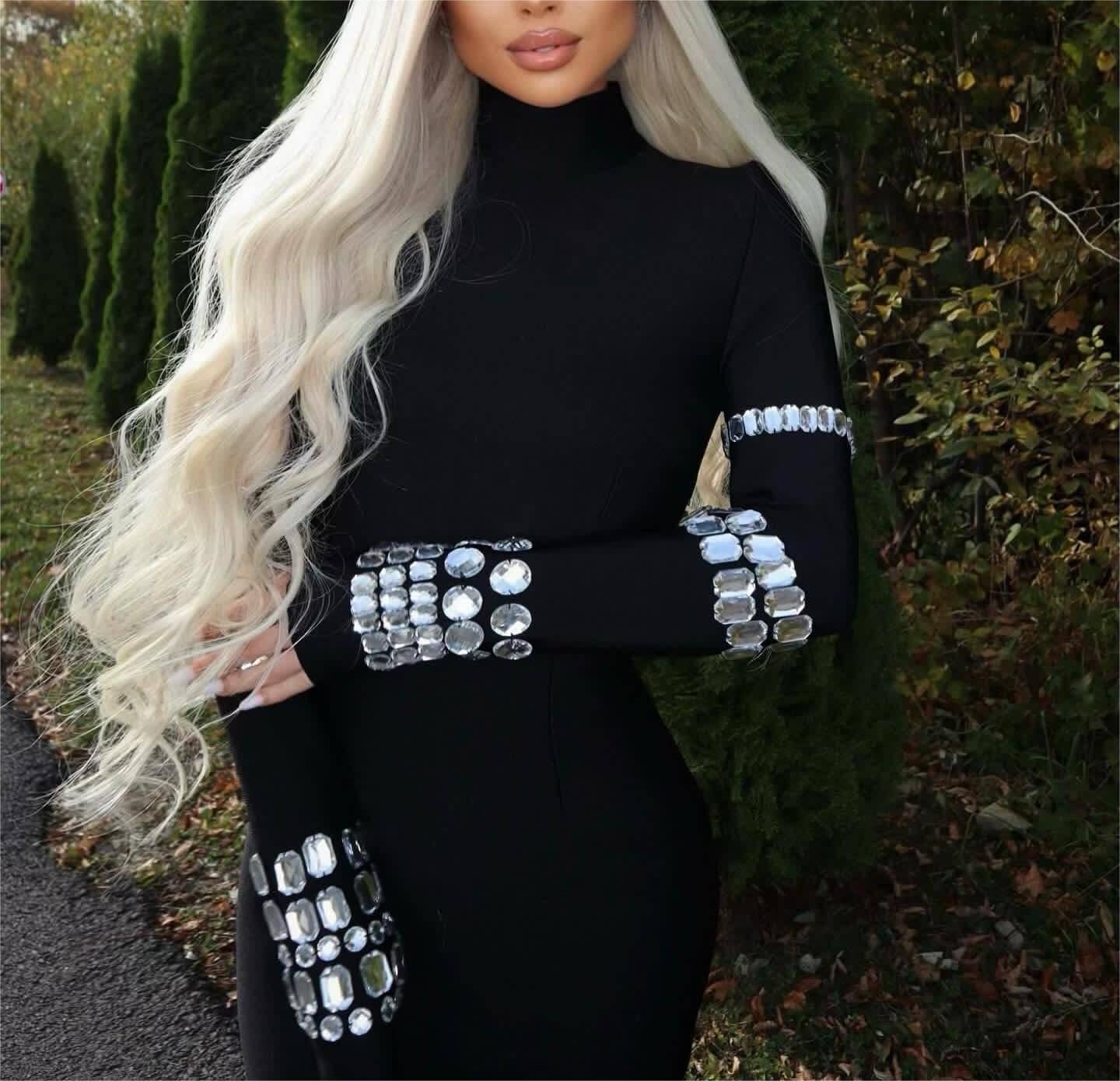 Black DR048 Studded Long Sleeve High Neck Bandage Knit Dress for wholesale on Faire19