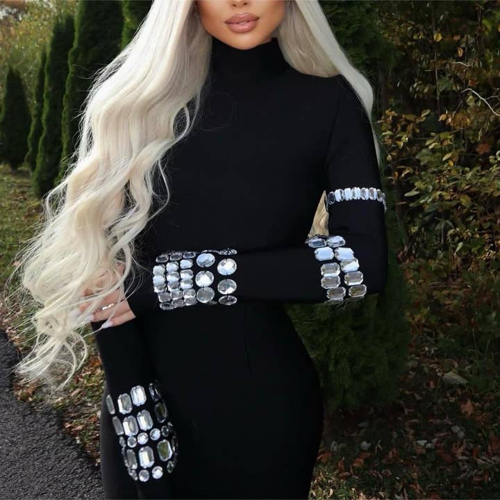 Black DR048 Studded Long Sleeve High Neck Bandage Knit Dress for wholesale on Faire19