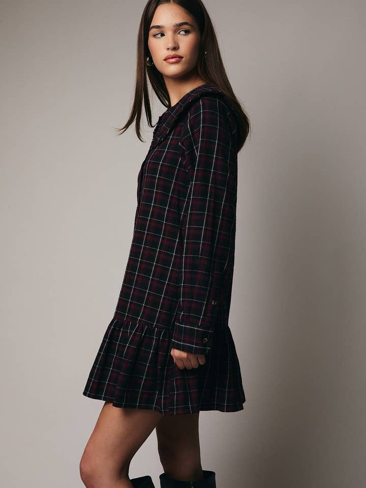 BLACK BURGUNDY PLAID LONG SLEEVE SHIRT MINI DRESS WITH SIDE POCKET for wholesale on Faire2