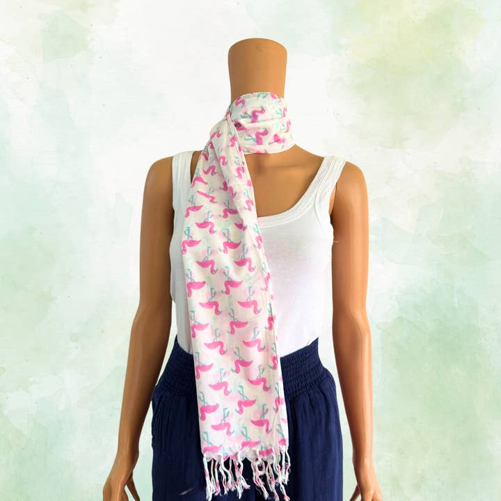 The Indian Bazaar - Wholesale Scarf - Women's - Stole Scarf Pink Flamingo Animal Hand Block Printed1