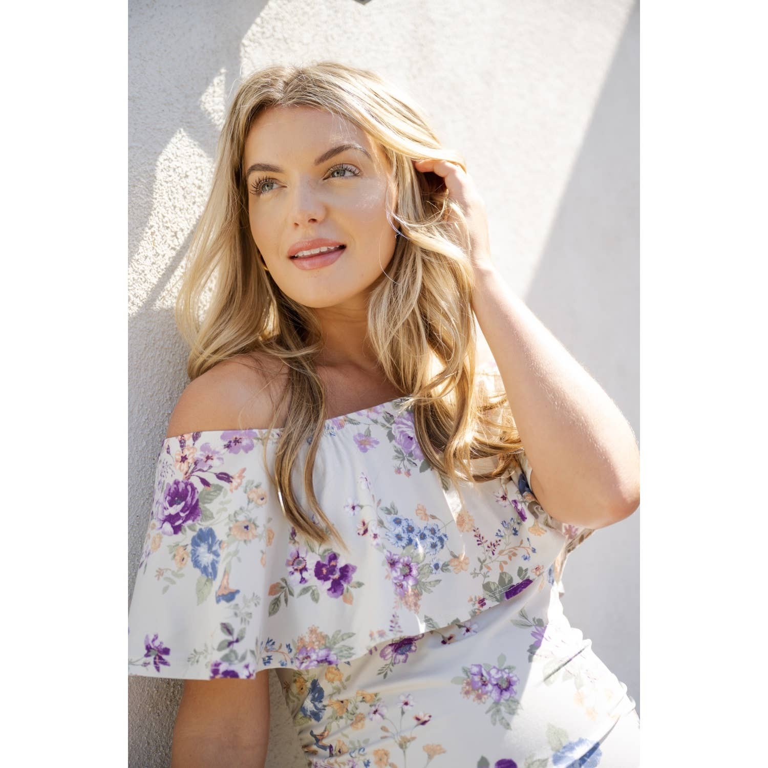 Light Grey Purple Floral Off Shoulder Ruffle Maternity Dress for wholesale on Faire4