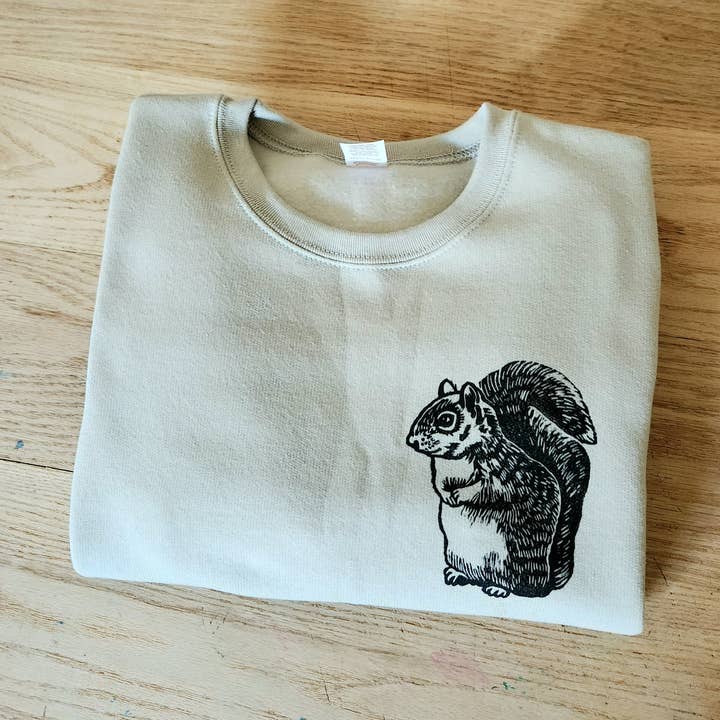 Squirrel sweatshirt, unisex hand printed crewneck, block printed squirrel illustration, soft cute jumper, spring clothing, ethical fashion for wholesale by M.E. Image