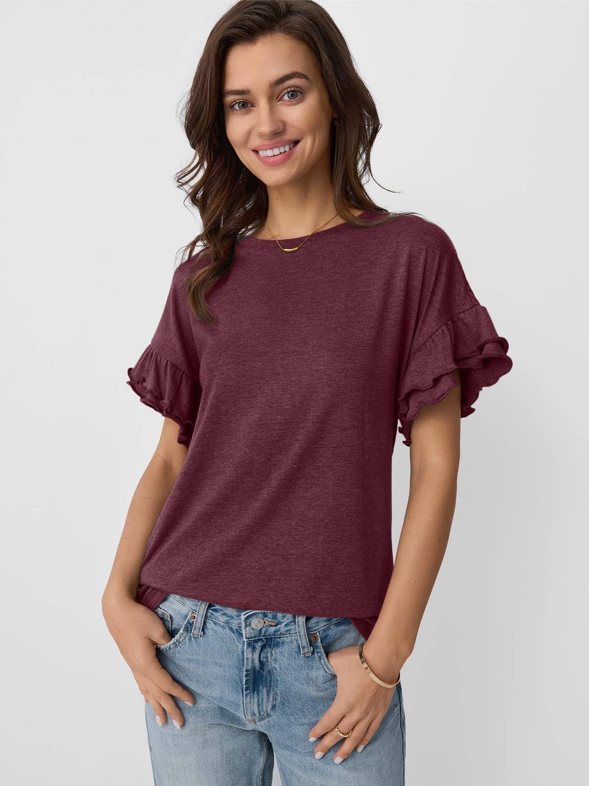 Suhkasana - Vendita all'ingrosso Maglietta - Donna - Maglietta da donna con maniche a volant e scollo tondo – Top estivo casual a tinta unita11