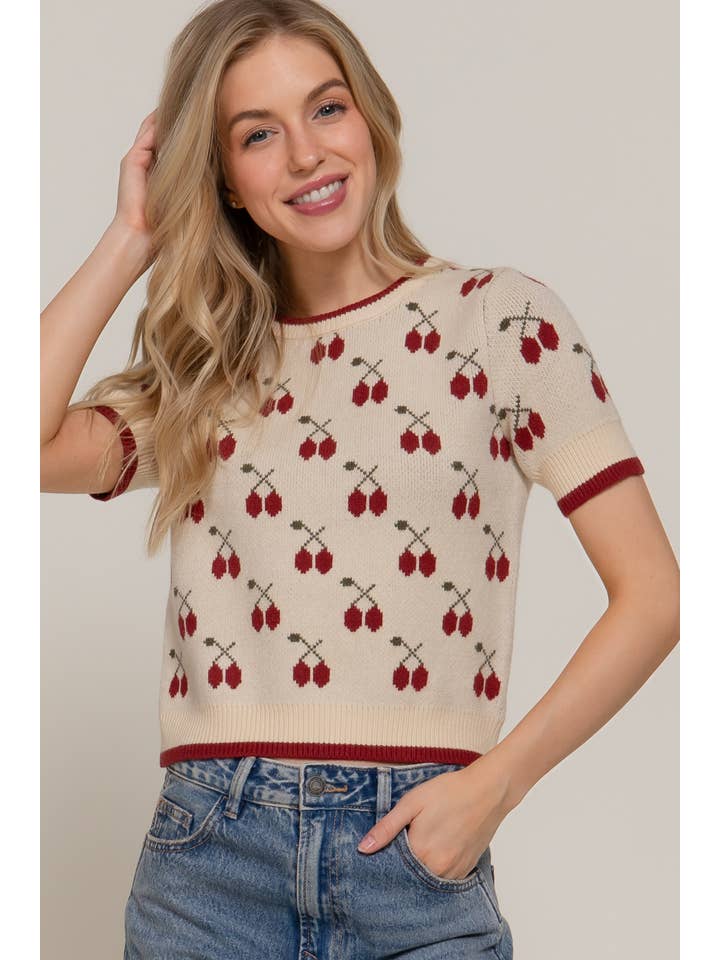 Active Basic | Active USA - Wholesale Knit Top - Women's - Short Sleeve Contrasting Edge Line Cherry Pattern Sweater9