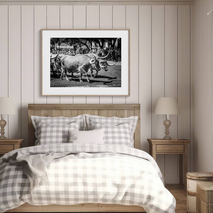 Lisa Russo Fine Art - Wholesale Art Print - Fort Worth Herd | Longhorn Cattle Drive in Black and White2