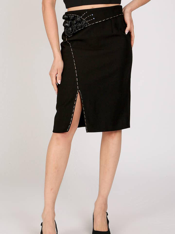 Satin Floral Applique Front Slit Pencil Midi Skirt MC5086 for wholesale by Beulah Style