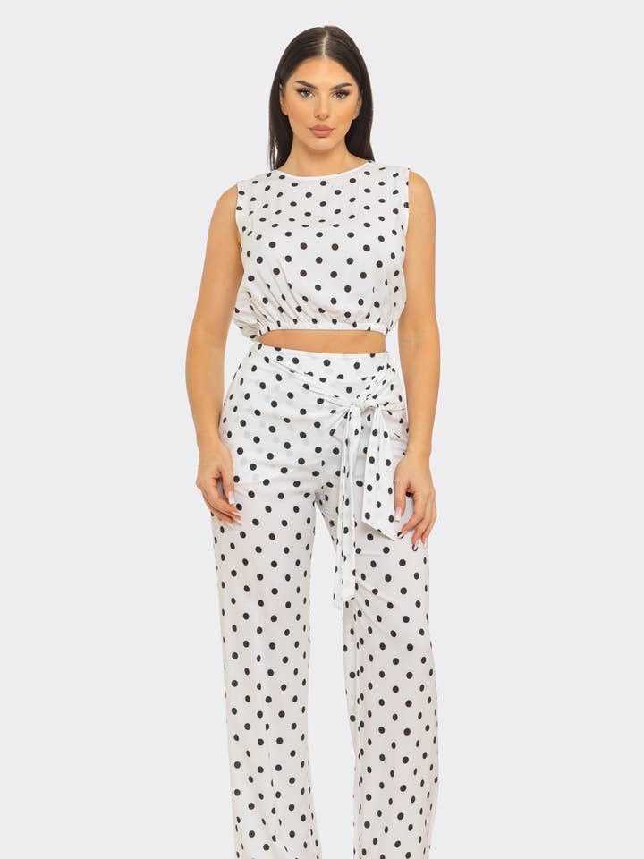 Polka Dots Elastic Shirring Trim Top And Pants Set for wholesale by Julia by LoveJ