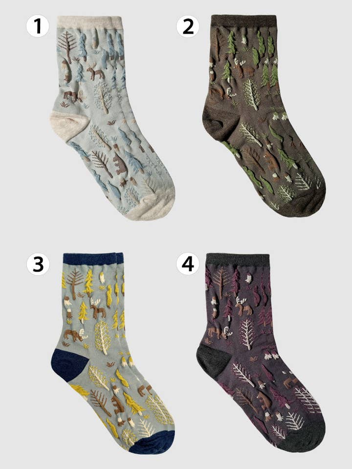 Calze da donna con motivo ricamato foresta Oulanka per la vendita all'ingrosso da parte di 7DAYSSOCKS