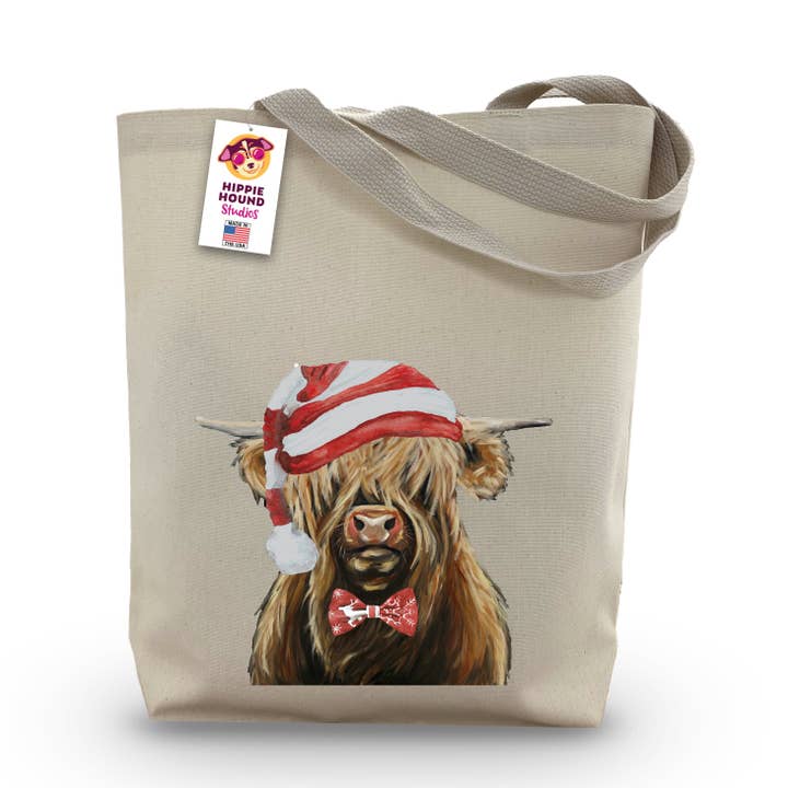 Christmas Highland Bag, Gusset Tote Bag, Cow Gift Bags for wholesale by Hippie Hound Studios
