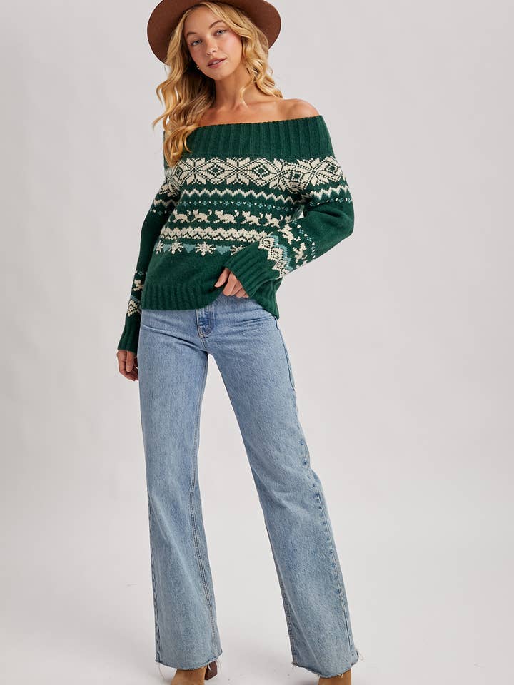 Bluivy - Wholesale Knit Sweater - Women's - FAIR ISLE OFF SHOULDER KNIT SWEATER - HOLIDAY19