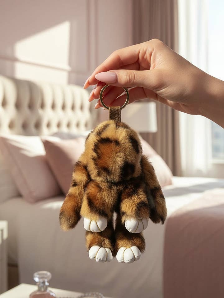Plush Fluffy Leopard Print Bunny Rabbit Key Ring & Bag Charm for wholesale by Arya Jewellery Wholesale