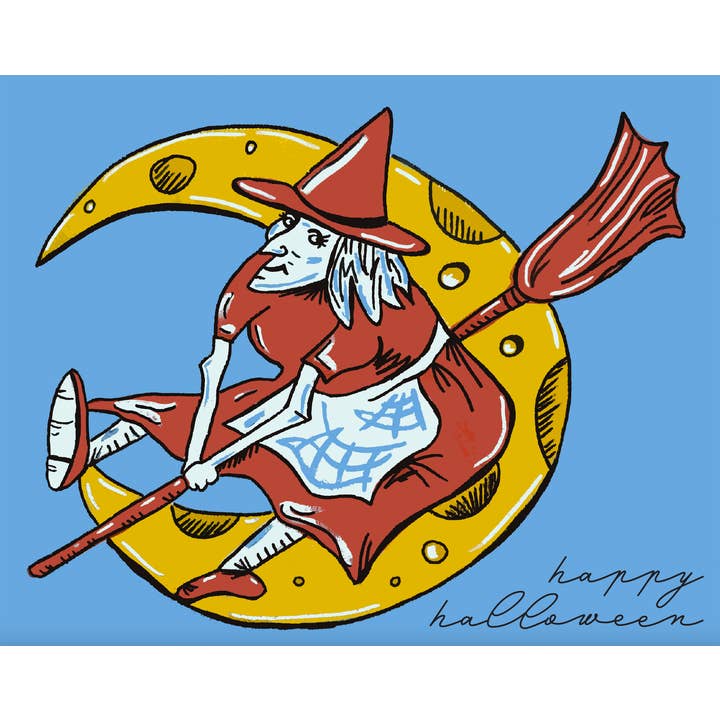 Biglietto di Halloween «La strega sulla scopa», vintage, luna per la vendita all'ingrosso da parte di Kerry Quinn's Kitsch