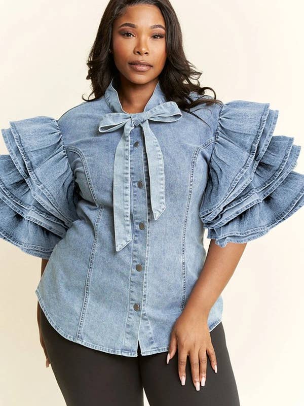 Plus Ruffle Short Sleeve Tied Mock Neck Denim Blouse Shirts for wholesale by J2 FASHION