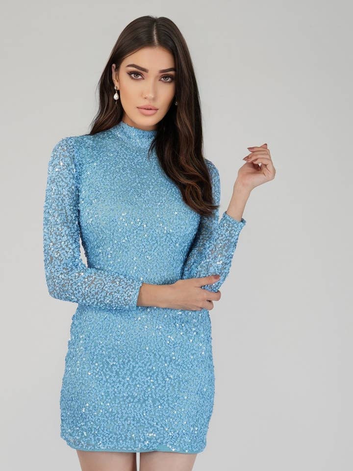 Mady Long Sleeve Sequin Mini Dress in Light Blue for wholesale by Lace & Beads
