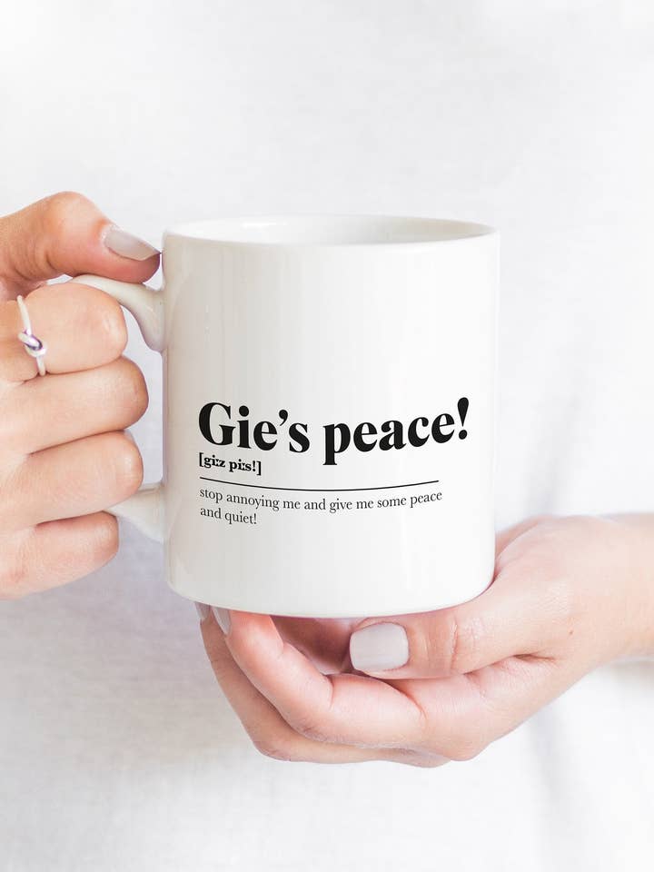 Gie's Peace! Greeting Scots Saying Mug Housewarming Gift Minimalist Monochrome Typography Funny Scotland Slang Definition Scottish for wholesale by Kalloway Design
