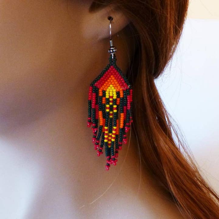 BEADS CORNER - Wholesale Dangle Earrings - Orange Maroon Handmade Beaded Chandelier Long Earrings
