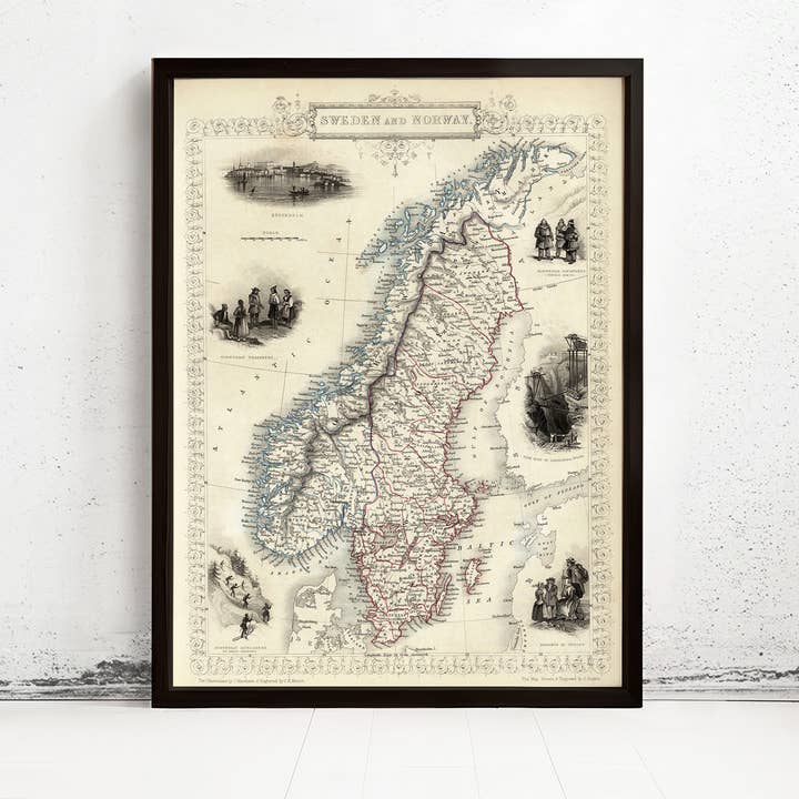 Vieille carte de la Norvège et de la Suède 1851 Scandinavie Carte antique de la mer Baltique | Impression d'art mural de carte vintage | Grande impression de carte pour la vente par OldCityPrints - Old Maps and Posters