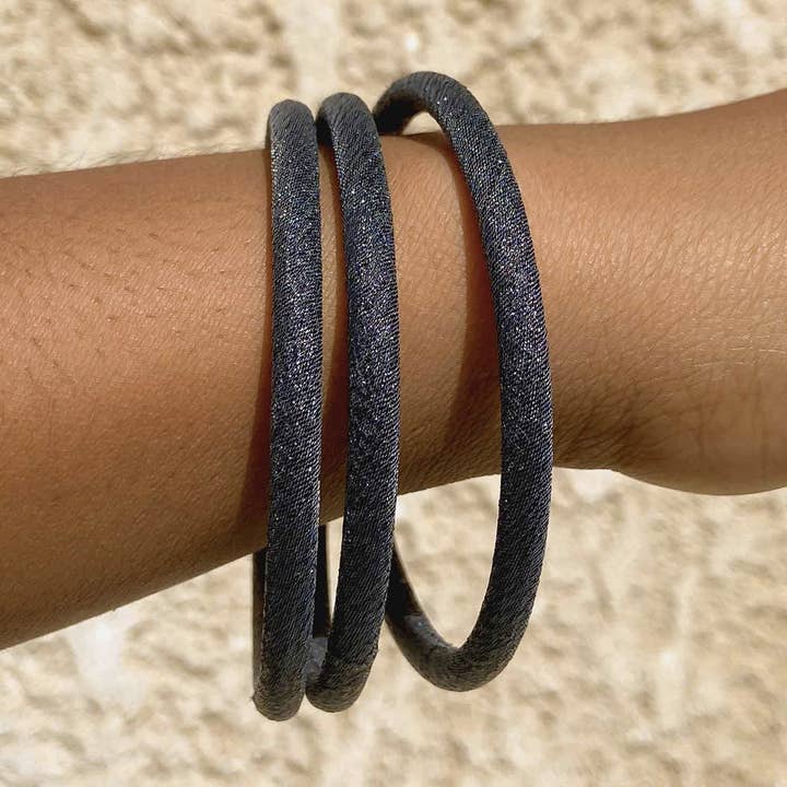 Anthracite Black color sparkling fabric bangle bracelet for wholesale by Melokane