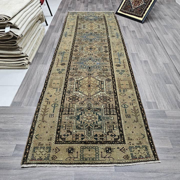 Handknotted Wool Turkish Runner Rug: Vintage Kitchen Rug (3.30x11.25 feet) for wholesale by MesopotamiaRugs