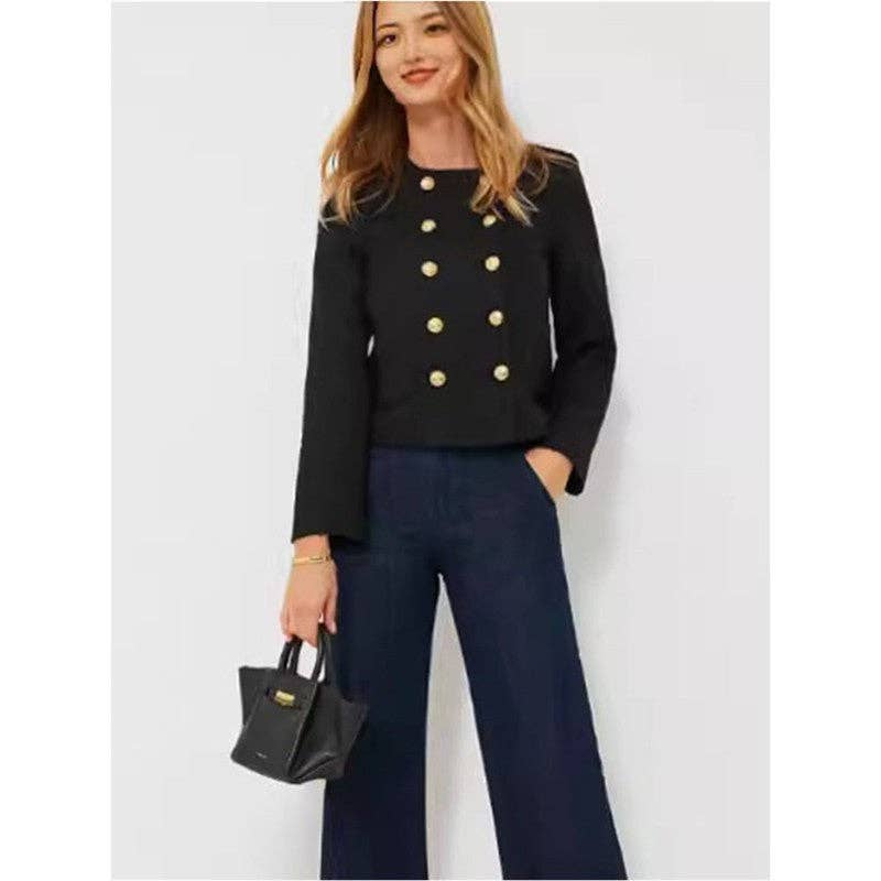 FurDecoration - Wholesale Jacket - Women's - Solid Color Round Collar Double Breasted Tweed Jacket0