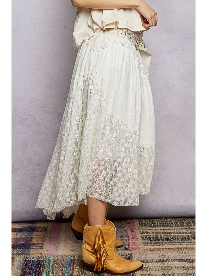 Pol Clothing - Wholesale Skirt - Women's - Double gauze raw edge lace patch solid maxi skirts7